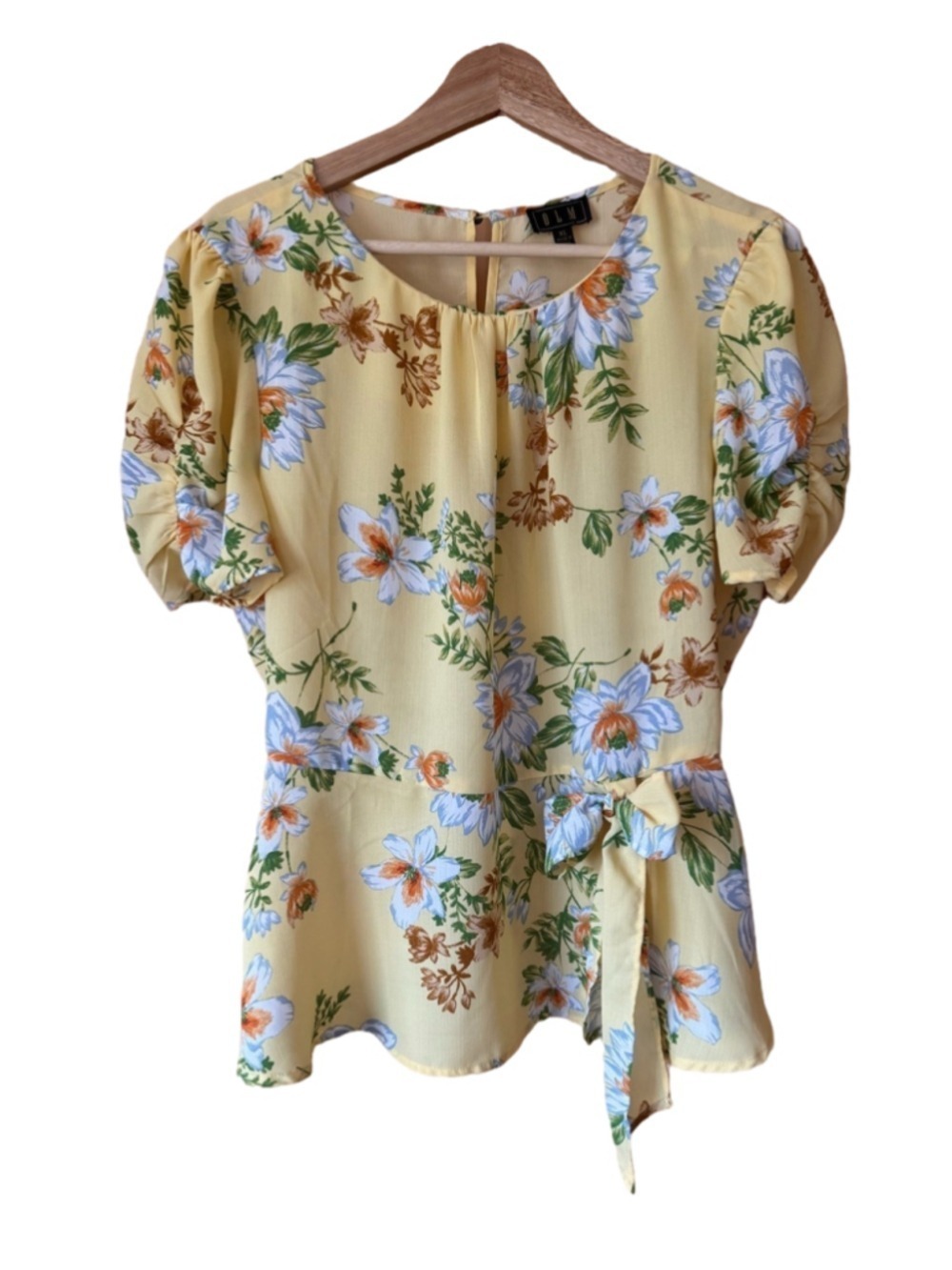 OLM Yellow Floral Gauzy Tie-Waist Puff Sleeve Peplum Blouse size XL